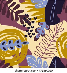 Colorful seamless pattern with leaves, spots and dots. Decorative wallpaper, good for printing. Hand drawn overlapping background, texture with decor elements and shapes. Design backdrop vector