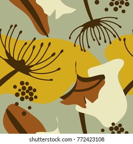 Colorful seamless pattern with leaves, spots and dots. Decorative wallpaper, good for printing. Hand drawn overlapping background, texture with decor elements, lines and shapes. Design backdrop vector