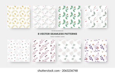 Colorido patrón sin costuras con hojas, ramas, flores aisladas en un fondo blanco. Elegante conjunto creativo para papeles pintados, cubiertas, para tu diseño. Colección en flor con pequeños elementos de color