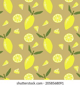 Colorful seamless pattern with Lemon fruit whole and sliced. For printing wrapping paper, wallpaper, packaging, fabric. Hand Drawn vector illustration.