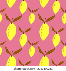 Colorful seamless pattern with Lemon fruit and leaves. For printing wrapping paper, wallpaper, packaging, fabric. Hand Drawn vector illustration.