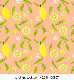 Colorful seamless pattern with Lemon fruits whole and sliced. For printing wrapping paper, wallpaper, packaging, fabric. Hand Drawn vector illustration.