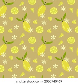 Colorful seamless pattern with Lemon fruits whole and sliced. For printing wrapping paper, wallpaper, packaging, fabric. Hand Drawn vector illustration.