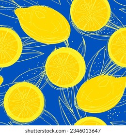 Colorful seamless pattern with lemons and leaves on a blue background. Tropical retro wallpaper design. Vector bright print for food, garden, kitchen, citrus fruit farming, agricultural theme.