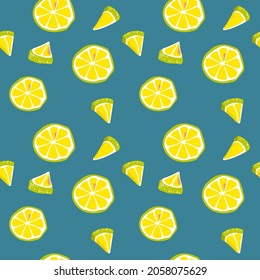 Colorful Seamless pattern with lemons sliced. For printing wrapping paper, wallpaper, packaging, fabric. Hand Drawn vector illustration.