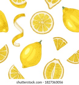Colorful seamless pattern with lemons, slices, halfs and lemon peels. Hand drawn vector illustration.
