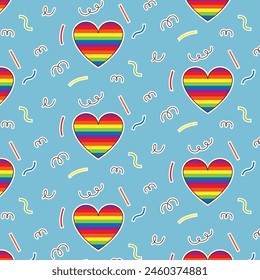 Colorful seamless pattern with LGBT symbols. Lesbians, gays, bisexuals, transsexuals. LGBT flag. Cartoon texture on a blue background for decoration and print, holiday packaging, fabrics, wallpaper.