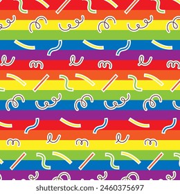 Patrón colorido sin fisuras con símbolos LGBT. Lesbianas, gays, bisexuales, transexuales. Bandera del feriado LGBT. Textura de dibujos animados sobre un fondo de rayas multicolores para decoración e impresión.