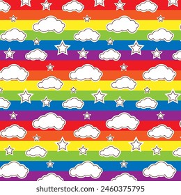 Colorful seamless pattern with LGBT symbols. Lesbians, gays, bisexuals, transsexuals. LGBT holiday flag. Cartoon texture on a multi-colored striped background for decoration and print.