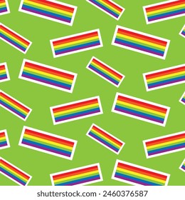 Colorful seamless pattern with LGBT symbols. Lesbians, gays, bisexuals, transsexuals. LGBT holiday flag. Cartoon texture on a light green background for decoration and printing of packaging, fabric.