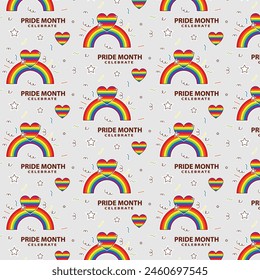 Colorful seamless pattern with LGBT symbols. Lesbians, gays, bisexuals, transsexuals. LGBT holiday colors, flag, heart, rainbow. Cartoon texture on a gray background for decoration and print.