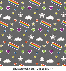 Colorful seamless pattern with LGBT symbols. Lesbians, gays, bisexuals, transsexuals. LGBT holiday colors, flag, heart, rainbow. Cartoon texture on a gray background for decoration and print.