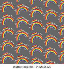 Colorful seamless pattern with LGBT symbols. Lesbians, gays, bisexuals, transsexuals. LGBT holiday colors, flag, heart, rainbow. Cartoon texture on a gray background for decoration and print.