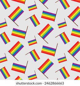 Colorful seamless pattern with LGBT symbols. Lesbians, gays, bisexuals, transsexuals. LGBT holiday colors, flag, rainbow. Cartoon texture on a gray background for decoration and print.