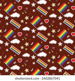 Colorful seamless pattern with LGBT symbols. Lesbians, gays, bisexuals, transsexuals. LGBT symbols and colors, flag. Cartoon texture on a brown background for decoration and printing.