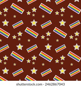 Colorful seamless pattern with LGBT symbols. Lesbians, gays, bisexuals, transsexuals. LGBT symbols and colors, flag. Cartoon texture on a brown background for decoration and printing.