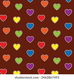 Colorful seamless pattern with LGBT symbols. Lesbians, gays, bisexuals, transsexuals. LGBT symbols and colors, flag, heart. Cartoon texture on a brown background for decoration and printing.