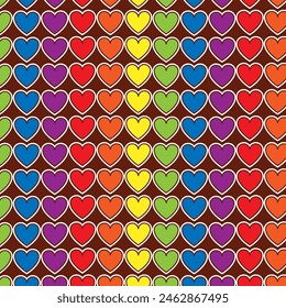 Colorful seamless pattern with LGBT symbols. Lesbians, gays, bisexuals, transsexuals. LGBT symbols and colors, flag, heart. Cartoon texture on a brown background for decoration and printing.