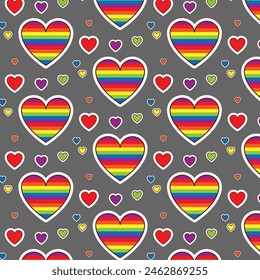 Colorful seamless pattern with LGBT symbols. Lesbians, gays, bisexuals, transsexuals. LGBT holiday colors, flag, heart, rainbow. Cartoon texture on a gray background for decoration and print.