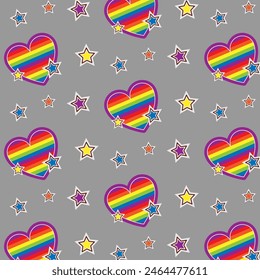 Colorful seamless pattern with LGBT symbols. Lesbians, gays, bisexuals, transsexuals. LGBT holiday colors, flag, heart, rainbow. Cartoon texture on a gray background for decoration and print.