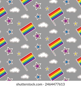 Colorful seamless pattern with LGBT symbols. Lesbians, gays, bisexuals, transsexuals. LGBT holiday colors, flag, heart, rainbow. Cartoon texture on a gray background for decoration and print.