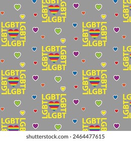 Colorful seamless pattern with LGBT symbols. Lesbians, gays, bisexuals, transsexuals. LGBT holiday colors, flag, heart, rainbow. Cartoon texture on a gray background for decoration and print.