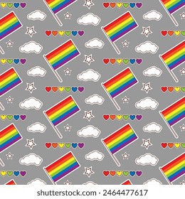 Colorful seamless pattern with LGBT symbols. Lesbians, gays, bisexuals, transsexuals. LGBT holiday colors, flag, heart, rainbow. Cartoon texture on a gray background for decoration and print.