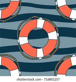 Colorful seamless pattern with lifebuoys, hand drawn illustration. Marine overlapping background. Decorative striped wallpaper, good for printing. Design backdrop vector, cruise time