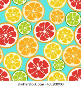 Colorful seamless pattern with lime, orange and grapefruit. Tasty summer background. Yummy tropical fruits endless texture. Can be used for wallpapers, banners, posters. Vector illustration