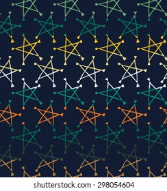 Colorful seamless pattern with line-art star elements separated by color stripes on dark background.