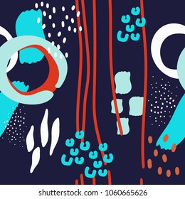 Colorful seamless pattern with lines, spots and dots. Decorative wallpaper, good for printing. Hand drawn overlapping background, texture, decor elements and shapes. Design backdrop vector. Art print