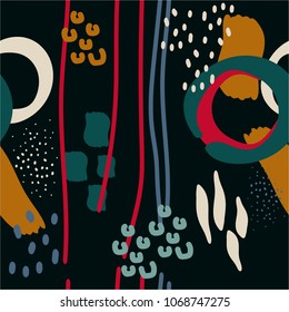 Colorful seamless pattern with lines, spots and dots. Decorative wallpaper, good for printing. Hand drawn overlapping background, texture, decor elements and shapes. Design backdrop vector. Art print