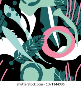 Colorful seamless pattern with lines, spots, feathers, dots. Decorative wallpaper, good for printing. Hand drawn overlapping background, texture, decor elements, shapes. Design backdrop vector. Print