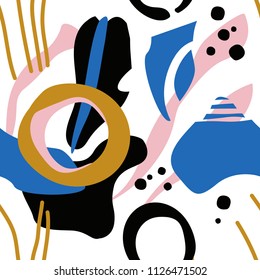 Colorful seamless pattern with lines, spots and dots. Decorative wallpaper, good for printing. Hand drawn overlapping background, texture, decor elements and shapes. Design backdrop vector. Art print