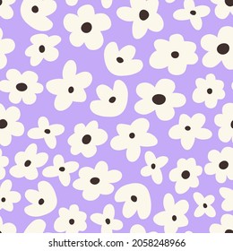 Colorful Seamless Pattern With Little Flowers. Cute Groovy Elements, Fun Modern Illustration, Midcentury Art