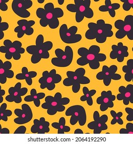 Colorful seamless pattern with little flowers. Cute groovy elements, fun modern illustration, midcentury art