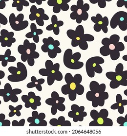 Colorful Seamless Pattern With Little Flowers. Cute Groovy Elements, Fun Modern Illustration, Midcentury Art