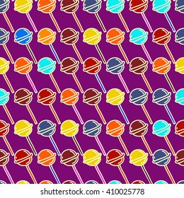 Colorful seamless pattern with lollipops. Funny vetor illustration in cartoon style. Candy print template for fabric, paper, wrapping, post cards, etc.