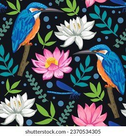 Colorido patrón sin costuras con flores de loto y pescador de cangrejos. Ilustración dibujada a mano por el vector