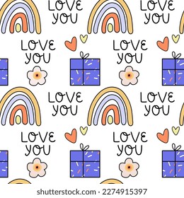 Colorful seamless pattern. Love you phrase. Gifts and rainbow. Vector background. Perfect for wrapping paper, scrapbooking, textile prints, wallpaper