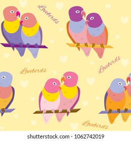 Colorful seamless pattern with lovebirds. Repeating background with tropical birds.