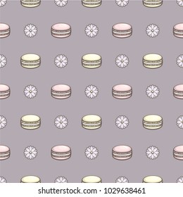 Colorful seamless pattern with macaroons and flowers on lilac background. Traditional french dessert. Template for packaging, cute textile, wrapping paper and menu design.