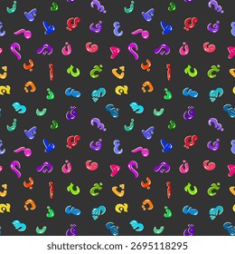 Patrón inconsútil colorido hecho de alfabetos árabes y letras en estilo de Vector plano sobre un fondo oscuro. Caracteres árabes de colores del arco iris que forman un patrón sin fin, perfecto para el diseño de los niños.