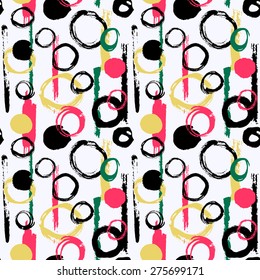 Colorful seamless pattern made of hand drawn watercolor strokes and circles.
