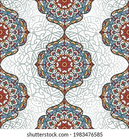 Colorful seamless pattern with mandala ornament. Traditional Arabic, Indian motifs. Great for fabric and textile, wallpaper, packaging or any desired idea.