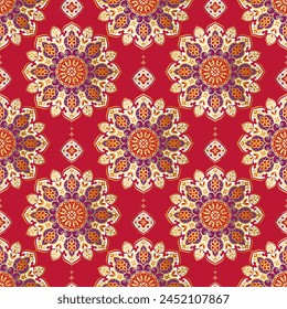 Colorido patrón sin costuras con adorno de mandala. Motivos tradicionales árabes e indios. Ideal para tela y textil, Fondo de pantalla, embalaje o cualquier idea deseada.