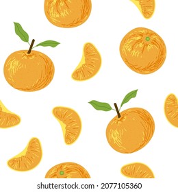 Colorful seamless pattern with mandarins. For printing wrapping paper, wallpaper, packaging, fabric. Hand Drawn vector illustration.