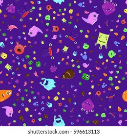 Colorful seamless pattern with many different monsters. Space aliens concept. Vector illustration for your design needs