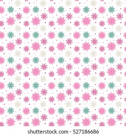 Colorful seamless pattern of many snowflakes on white background. Christmas winter theme for gift wrapping. New Year seamless background for website