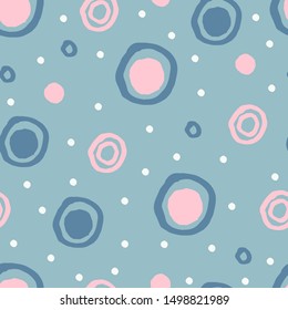Colorful seamless pattern marker and ink with circles dots texture. Background in minimalist Scandinavian style hand drawn for fabric, Wallpaper, bed linen. Vector illustration